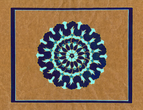 Traditional Turkish Pen&ccedil; motif from Tezhip art, stylized floral design in turquoise and navy blue on vintage beige background.