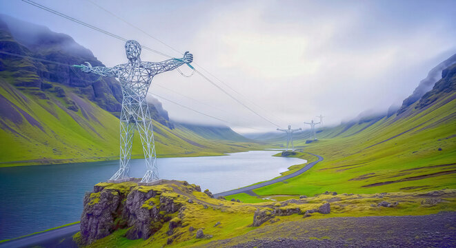 Digital human made of electric lines connecting technology and nature landscape - Powered by Adobe