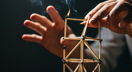 Close-up of a person's hands building a structure with matchsticks, one match burning, against a dark background with a sense of caution and fragility.