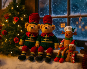 Cozy Christmas window scene with plush bears, reindeer, and gingerbread toy by the tree. Snow outside and warm lights create magical holiday atmosphere.