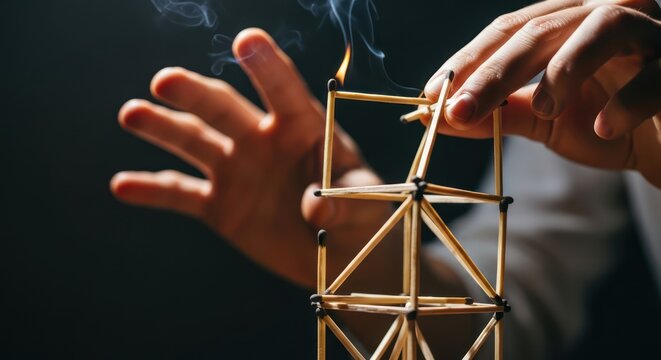 Close-up of a person's hands building a structure with matchsticks, one match burning, against a dark background with a sense of caution and fragility.