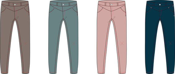 A colorful collection of women's slim-fit pants in various shades. Vector illustration set of stylish trousers for fashion design