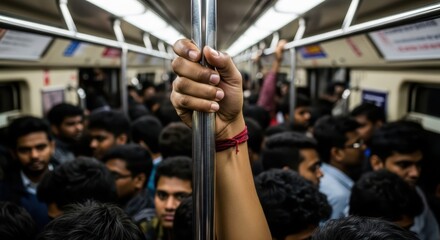 Crowded subway train with standing passengers holding onto poles