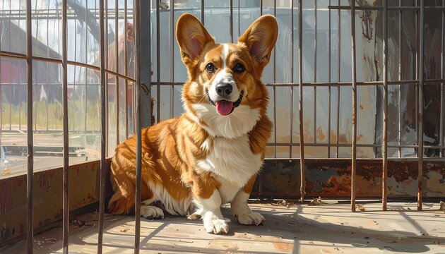 A happy corgi dog inside a cage smiling at the viewer under the sunlight