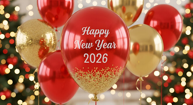 Group of glossy red and gold metallic balloons with Happy New Year 2026 text and glittering confetti on a blurred background featuring illuminated Christmas tree lights perfect for Eve party 