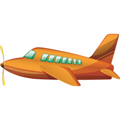 Orange Twin Engine Propeller Aircraft With Multiple Windows Flying Through The Sky With Clear Blue Sky Background