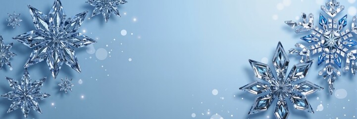 Crystal snowflake border on light blue winter background with elegant sparkling frosty ice decorations