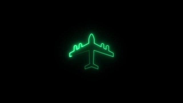 Glowing neon airplane icon animation on black background. Abstract plane icon motion graphic animation .Airplane icon animation.