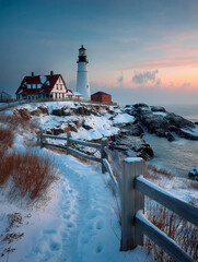 Snowy Coast Lighthouse at Sunset Over Rugged Rocks and Quiet Ocean in Winter