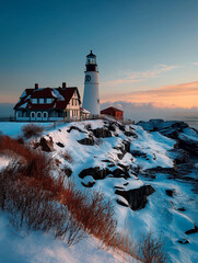 Snowy Coast Lighthouse at Sunset Over Rugged Rocks and Quiet Ocean in Winter