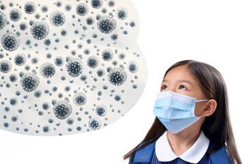 風邪をひかないようにマスクをする少女と漂うウイルス