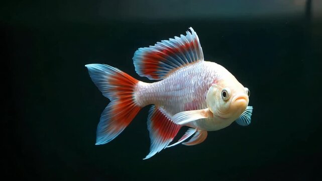 Elegant goldfish with flowing fins swims gracefully in a dark aquarium showcasing its vibrant orange and white coloration and intricate scale detail in a serene underwater scene