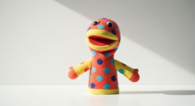 A colorful, polka-dotted sock puppet stands in bright sunlight