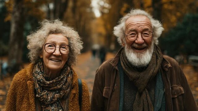 Elderly couple enjoys a joyful walk in a colorful autumn park surrounded by falling leaves
