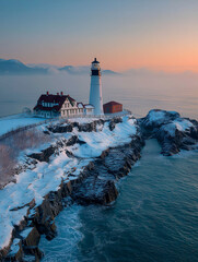 Snowy Coast Lighthouse at Sunset Over Rugged Rocks and Quiet Ocean in Winter