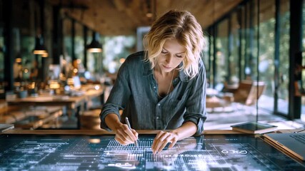 Talented female executive developing innovative technology through interactive touchscreen table, navigating futuristic digital workspace with strategic precision - Powered by Adobe