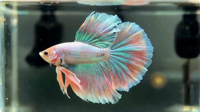 Iridescent betta fish with flowing fins swims gracefully in a clear aquarium showcasing its vibrant colors and unique patterns perfect for pet enthusiasts and aquatic life lovers