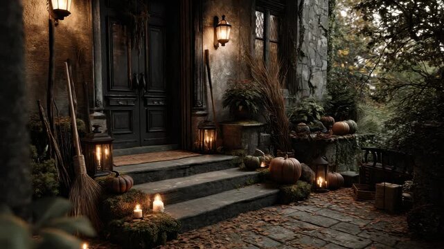 Hauntingly beautiful autumn decor at an old stone house with pumpkins and candles