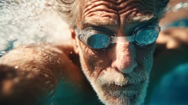 Elderly man swims underwater showcasing skill and focus during a sunny day at a local pool in summer