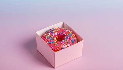 Pink Donut Still Life. Boxed Treat with Colorful Sprinkles in a Pastel Setting.