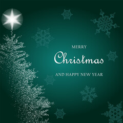 1587_Christmas greeting card with Christmas tree and snowflakes against green background