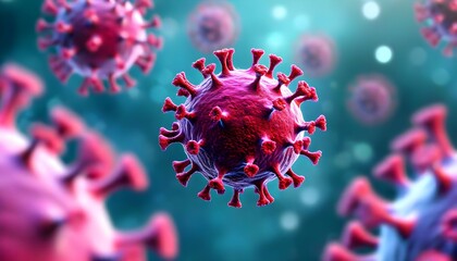 Close-up illustration of a coronavirus particle, showing its spike proteins and overall structure.