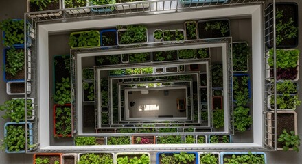 Modern vertical hydroponic greenhouse system with fresh leafy greens growing in rectangular containers arranged on metal shelving framework