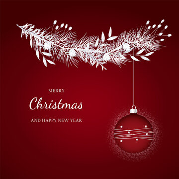 1586_Christmas greeting card with Christmas bauble and Christmas decoration with pine branches, pinecones and festive greenery against red background