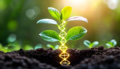 A green seedling sprouts from fertile soil, its stem a glowing DNA double helix, symbolizing biotechnology and genetic modification in agriculture.