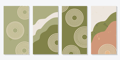 Set of four minimalist abstract vertical posters with organic shapes and concentric circles in earthy tones