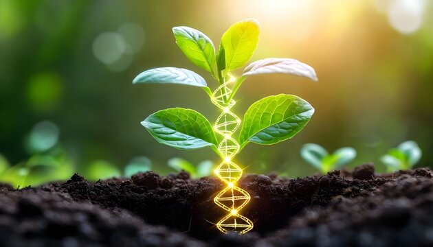 A green seedling sprouts from fertile soil, its stem a glowing DNA double helix, symbolizing biotechnology and genetic modification in agriculture.
