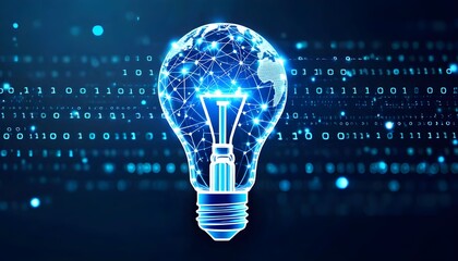 A glowing lightbulb with a world map overlay and network connections symbolizes global innovation and digital technology.