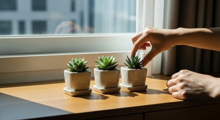 Person gently touching small succulent plants in white ceramic pots on wooden windowsill with natural daylight streaming through modern apartment window
