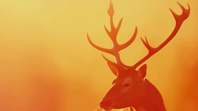 A regal stag with impressive antlers is seen in the foreground, surrounded by a warm, orange mist at twilight in a serene woodland, creating a mystical atmosphere.