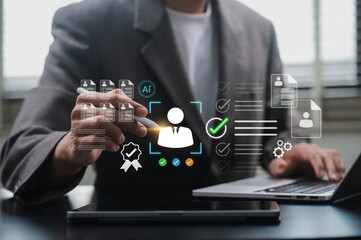 AI recruitment system and human resource using digital technology to scan resumes, checklist,...