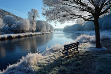 Winter Frost on the Riverbank: Tranquil Morning by Frosted Trees and a Quiet Bench