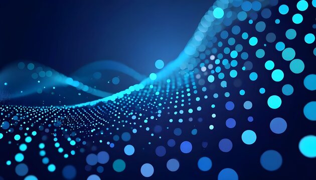 Abstract blue digital wave of glowing particles flowing in a dark background.