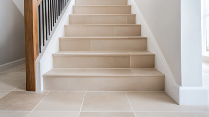 A modern staircase with light stone steps and black railing, showcasing a clean design and natural materials that blend seamlessly with the neutral interior decor.