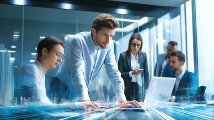 In a bustling corporate office, diverse team members collaborate around a sleek conference table, laptops open, charts projected, intense discussions, photorealistic candid shot by - Powered by Adobe