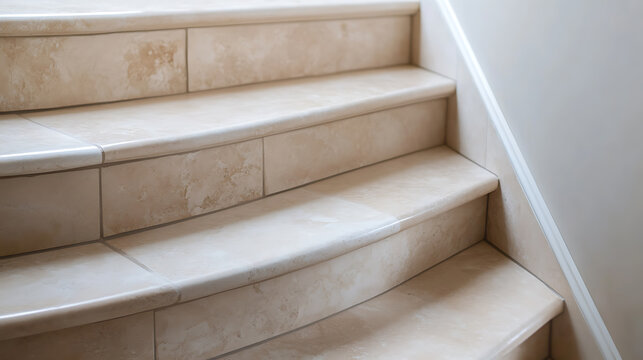 Elegant marble staircase with beige steps leading upwards, illuminated by natural light. The staircase showcases refined design with clean lines and smooth surfaces. - Powered by Adobe