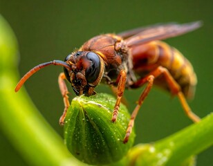 Naklejka premium Close-up of a reddish-brown wasp perched atop a bud with a blurred green background
