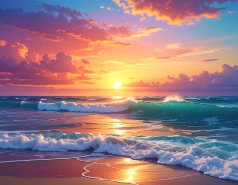 Beautiful sunset over ocean waves, vibrant colors in sky