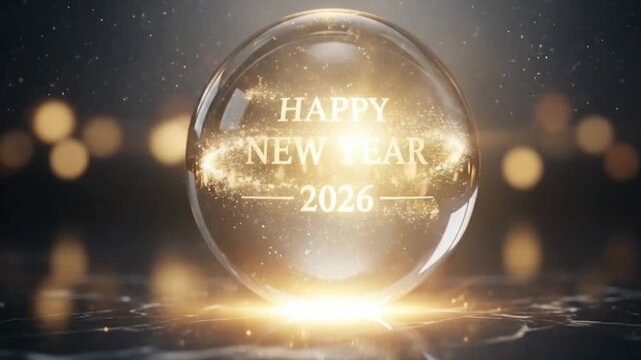 Elegant crystal ball with glowing gold particles inside illuminated on a dark marble surface symbolizing hope anticipation and celebration of the Happy New Year 2026 Eve festive season