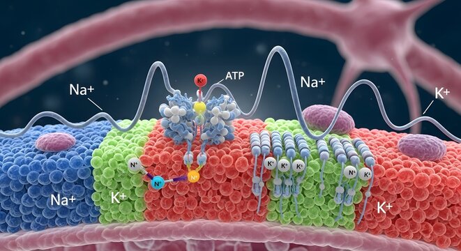Detailed illustration of a biological membrane showing ion channels and the movement of sodium, potassium, and other ions across the cell membrane