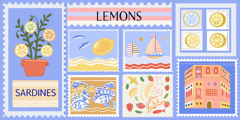 Collection of illustrated postage stamps featuring lemons sardines boats beach and buildings