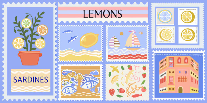 Collection of illustrated postage stamps featuring lemons sardines boats beach and buildings