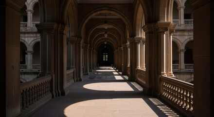 Obraz premium Historic stone corridor with arched windows in sunlight