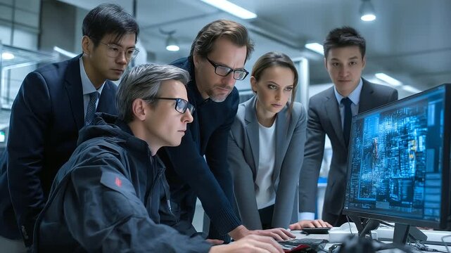Scientific breakthrough researchers celebrating around a glowing quantum computer, data screens flashing, lab excitement, photorealistic candid by a tech photo artist, neon and wh