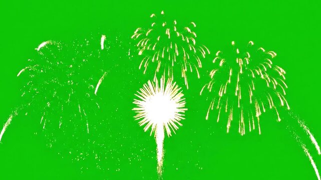 Colorful fireworks exploding on empty green screen frame. Alpha channel sequentially ignite, creating a festive border effect for celebrations and special events. New Year, Festive