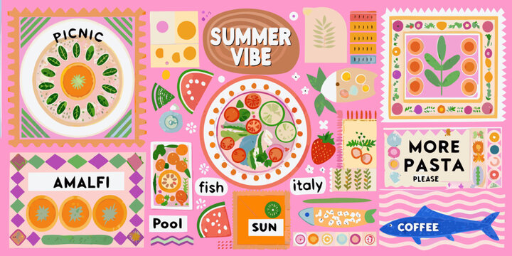 Vibrant summer vibe collage featuring food travel and leisure elements